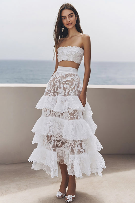 Ivory Lace 2 Piece Tiered Maxi Rehearsal Dinner Dress with Ruffles