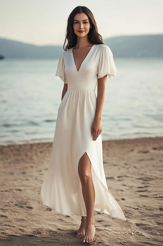 Ivory Chiffon Short Sleeves Maxi Beach Engagement Dress with Slit