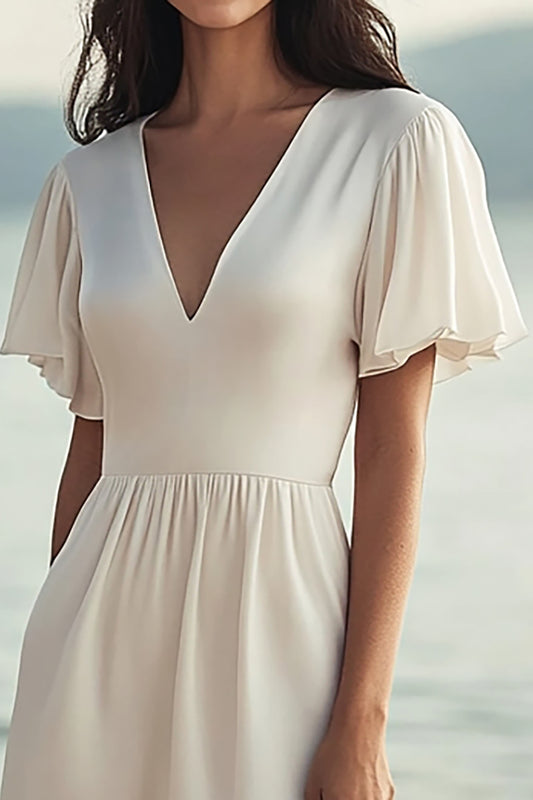 Ivory Chiffon Short Sleeves Maxi Beach Engagement Dress with Slit