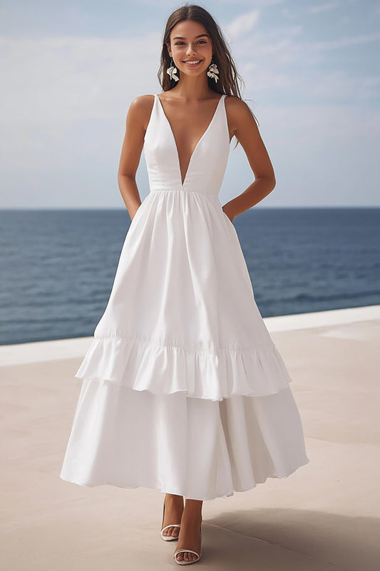 Ivory Deep V-Neck Satin Maxi Rehearsal Dinner Dress with Ruffles