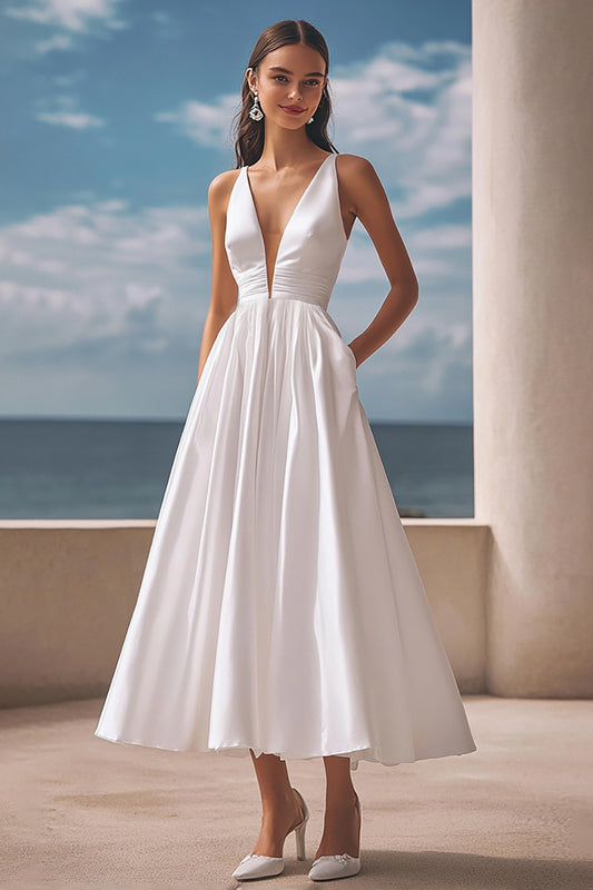 Simple Ivory Deep V-Neck Satin Maxi Wedding Reception Dress