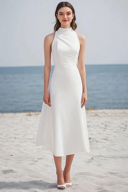 Ivory Satin High Neck Maxi Rehearsal Dinner Dress