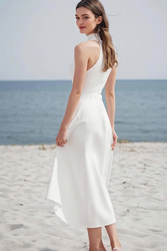 Ivory Satin High Neck Maxi Rehearsal Dinner Dress