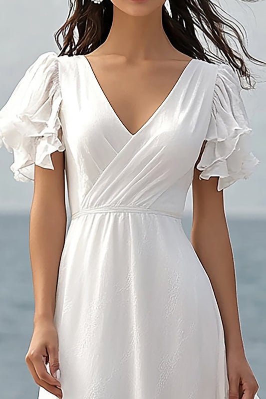 Ivory Ruffled Chiffon Beach Maxi Wedding Reception Dress with Sleeves