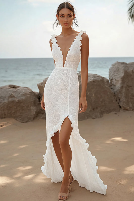 Ivory Lace High-Low Rehearsal Dinner Dress with Ruffles Sheath Deep V-Neck Engagement Dress
