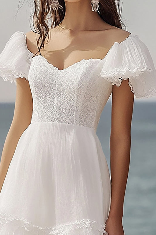 Ivory Ruffled Beach Maxi Engagement Dress with Lace