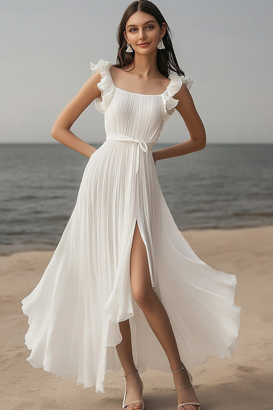 Ivory Chiffon Ruffled Pleated Beach Maxi Engagement Dress with Sash