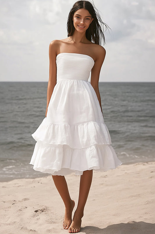 Ivory Strapless Beach Midi Engagement Dress with Ruffles