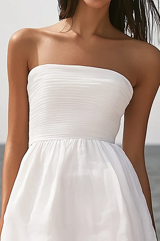 Ivory Strapless Beach Midi Engagement Dress with Ruffles