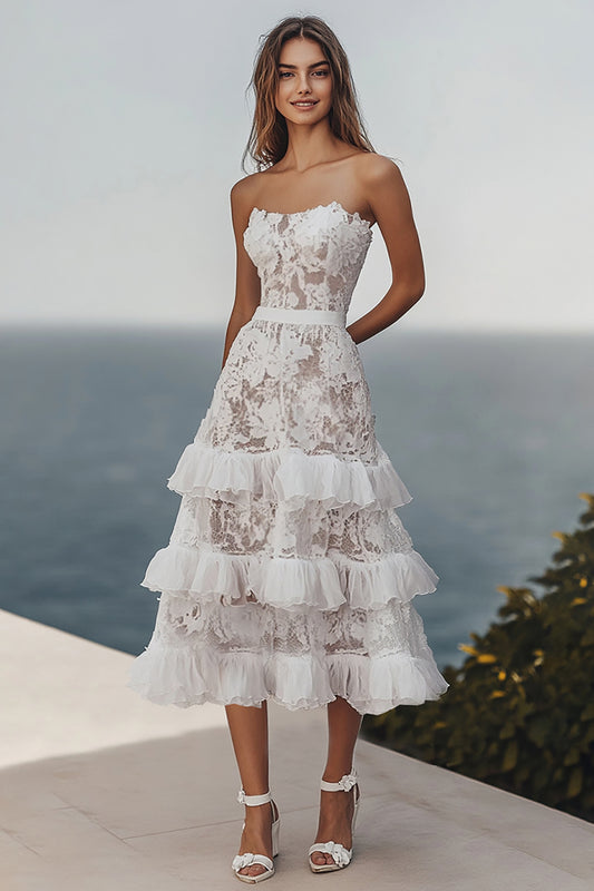 Ivory Beach Lace Strapless Maxi Wedding Reception Dress with Ruffles