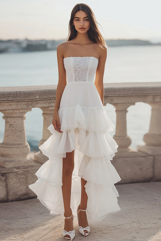 Ivory Organza Tiered High-Low Engagement Dress with Ruffles