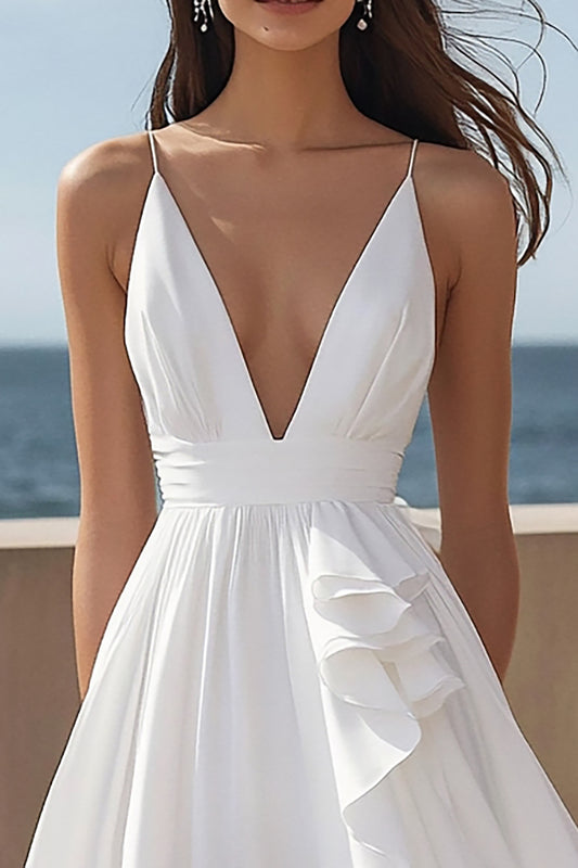 Ivory Satin Spaghetti Straps Maxi Rehearsal Dinner Dress with Ruffles