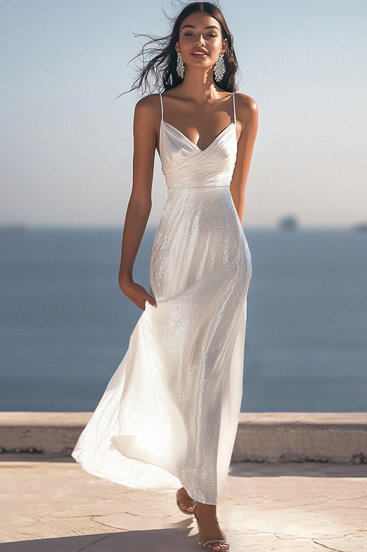 Sparkly Ivory Sequin Ruched Maxi Rehearsal Dinner Dress