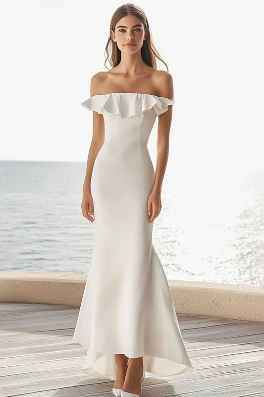 Ivory Mermaid Maxi Satin Wedding Reception Dress with Ruffles