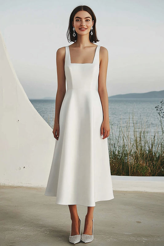 Ivory A Line Square Neck Maxi Satin Rehearsal Dinner Dress