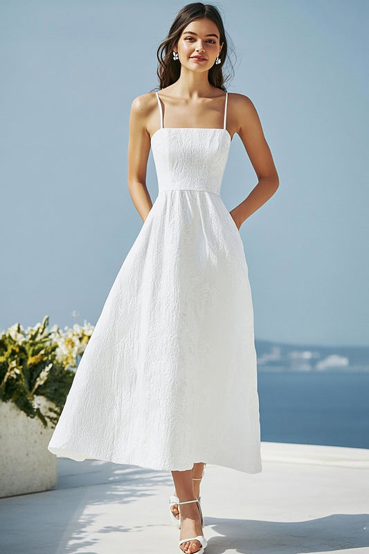 Ivory Simple A Line Spaghetti Straps Beach Maxi Engagement Dress