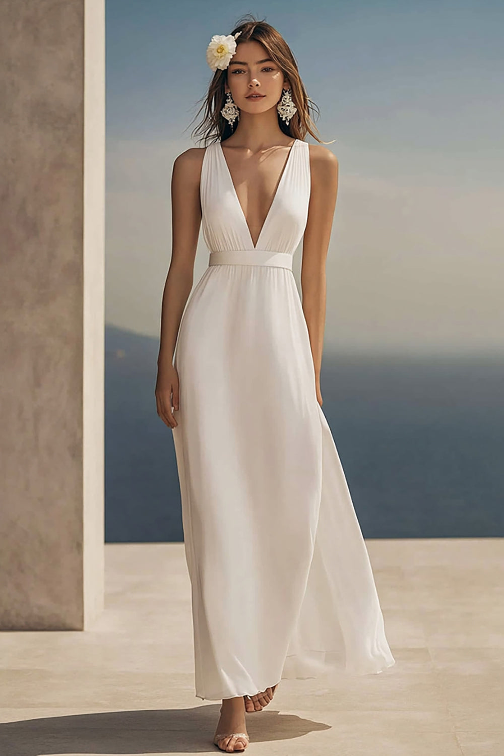 Zapakasa Women Ivory Chiffon Beach Maxi Engagement Dress A Line Deep V-Neck Rehearsal Dinner Dress Zapakasa Women Ivory Chiffon Beach Maxi Engagement Dress A Line Deep V-Neck Rehearsal Dinner Dress