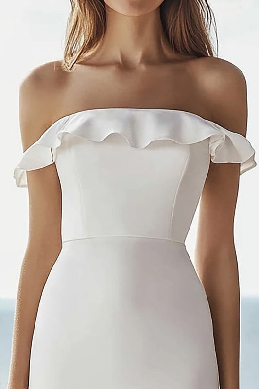Ivory Satin Bodycon Engagement Dress with Ruffles