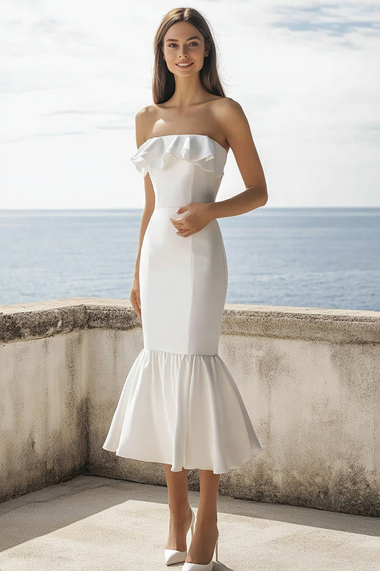 Ivory Strapless Mermaid Maxi Wedding Reception Dress with Ruffles