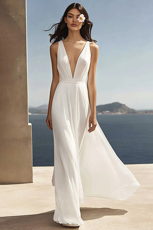 Chiffon Ivory Deep V-Neck Beach Maxi Engagement Dress