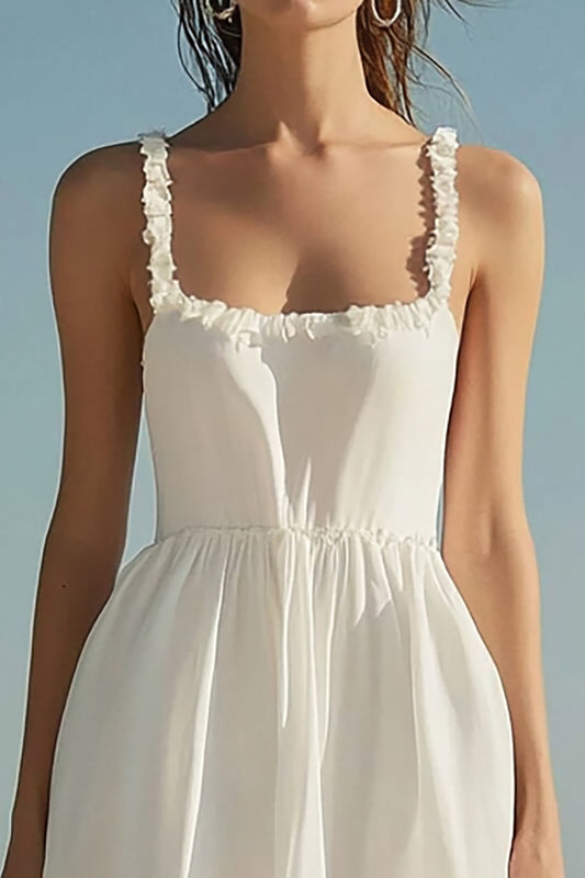 Ivory Square Neck Beach Maxi Engagement Dress with Ruffles