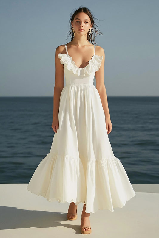 Ivory Spaghetti Straps Beach Maxi Engagement Dress with Ruffles