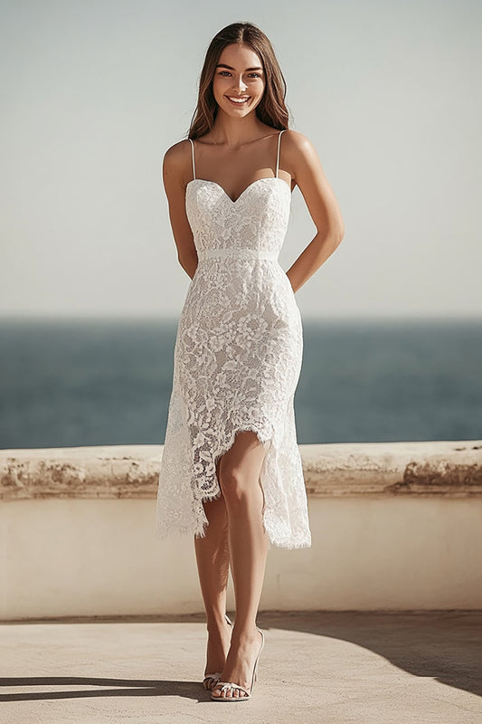 Ivory Lace Bodycon Midi Engagemnt Dress with Slit