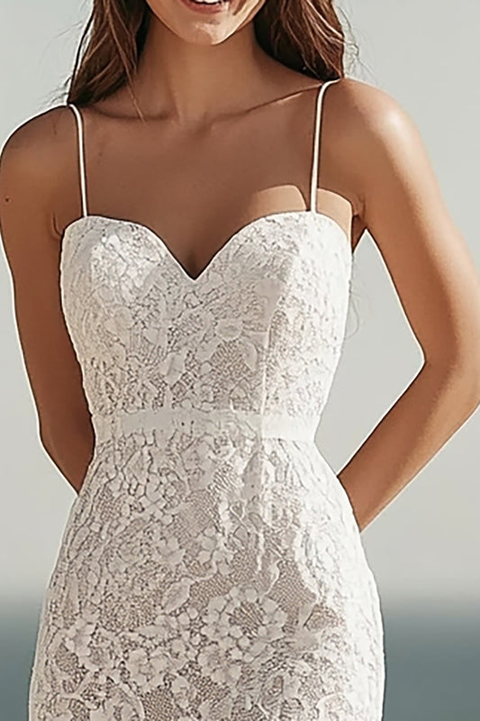 Ivory Lace Bodycon Midi Engagemnt Dress with Slit