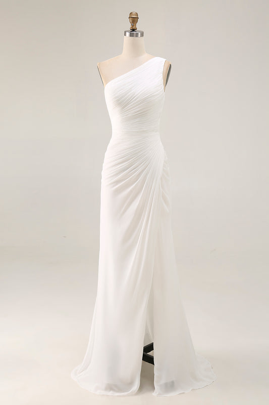 Ivory Ruched One Shoulder Beach Maxi Rehearsal Dinner Dress with Slit