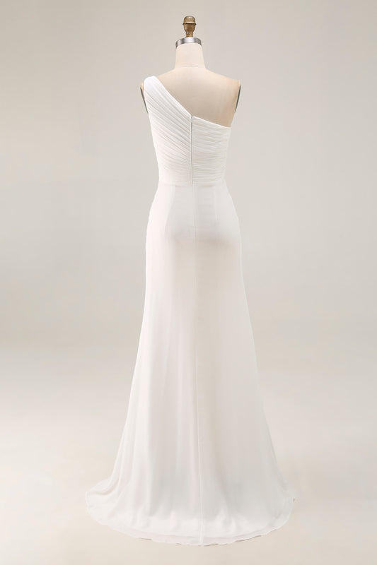 Ivory Ruched One Shoulder Beach Maxi Rehearsal Dinner Dress with Slit
