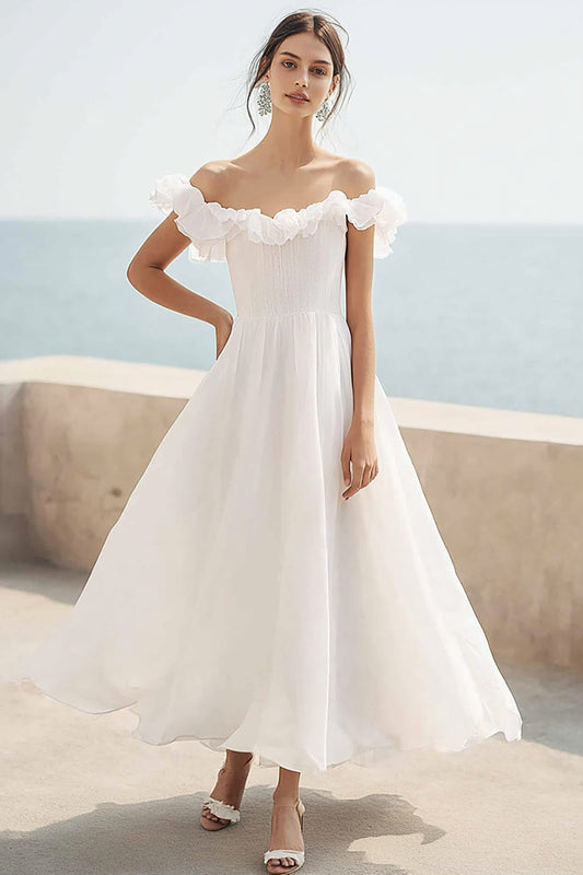 Ivory A Line Ruffled Maxi Chiffon Wedding Reception Dress