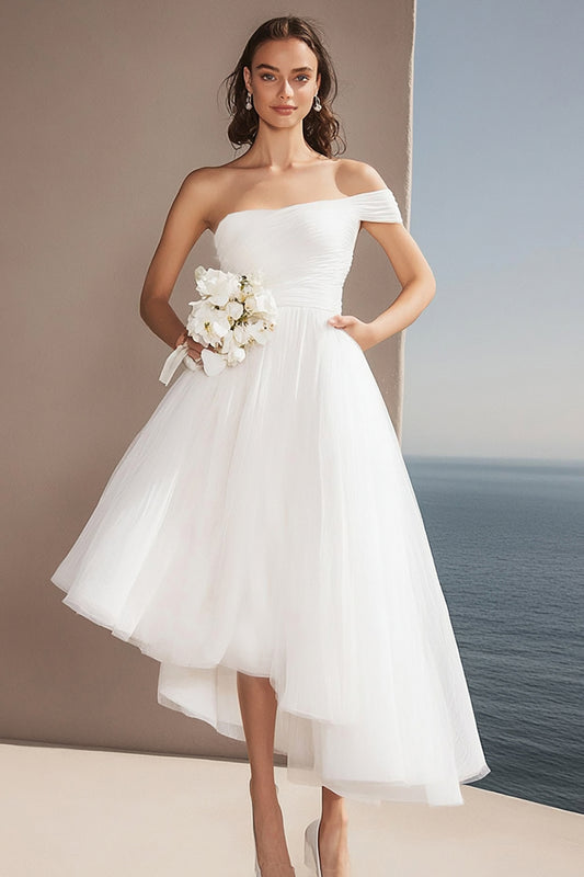 Ivory One Shoulder Tulle Asymmetrical Wedding Reception Dress