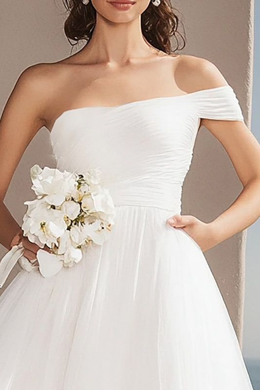 Ivory One Shoulder Tulle Asymmetrical Wedding Reception Dress