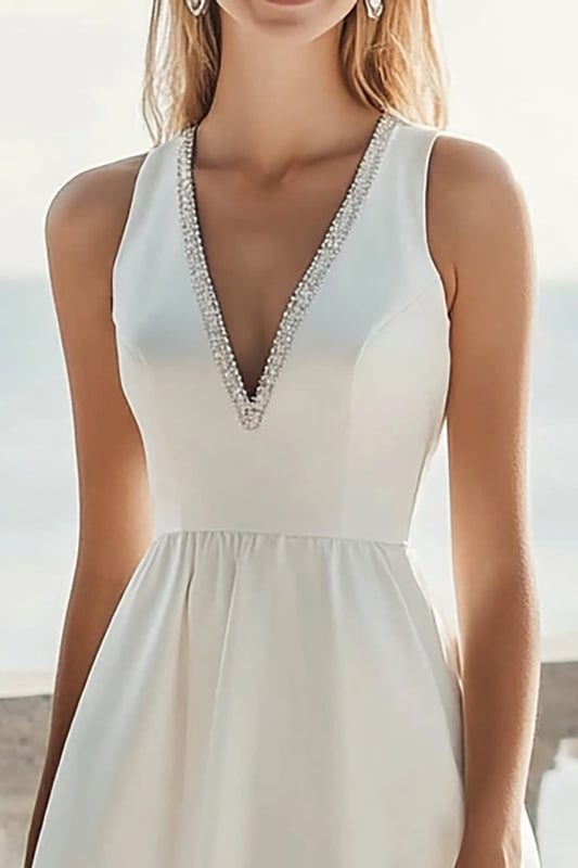 Ivory Satin A Line V-Neck Midi Engagement Dress with Beading