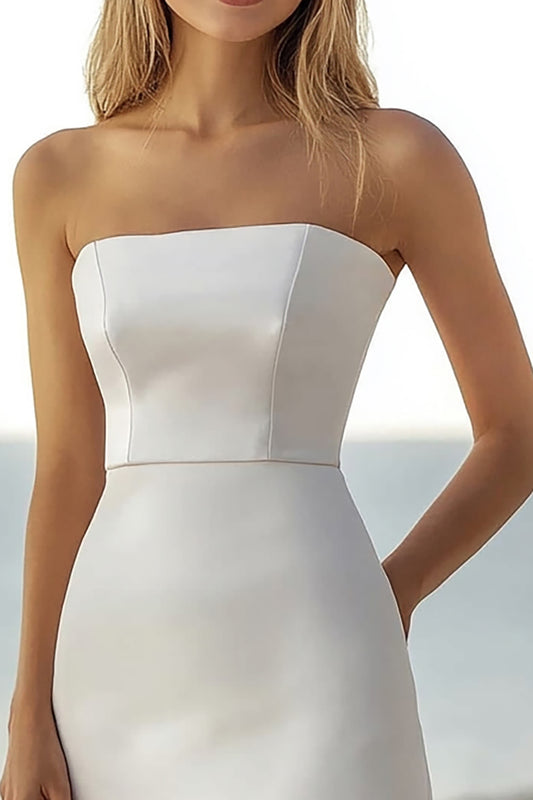 Simple Ivory Satin A Line Strapless Engagement Dress