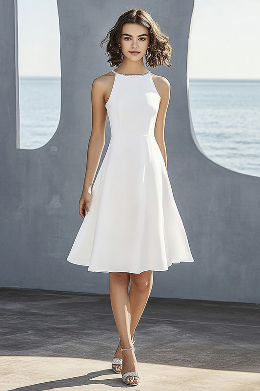 Ivory Satin A Line Halter Little White Dress
