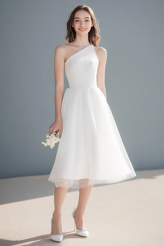 Simple Ivory A Line One Shoulder Midi Tulle Wedding Reception Dress