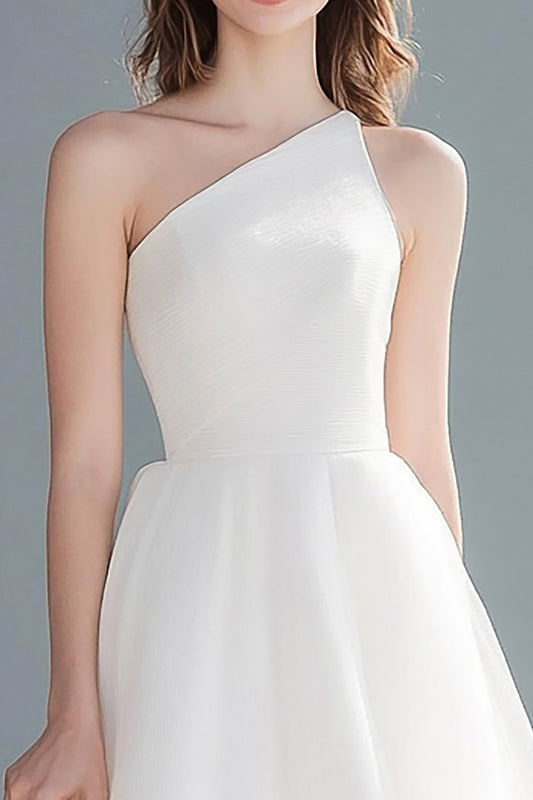 Simple Ivory A Line One Shoulder Midi Tulle Wedding Reception Dress