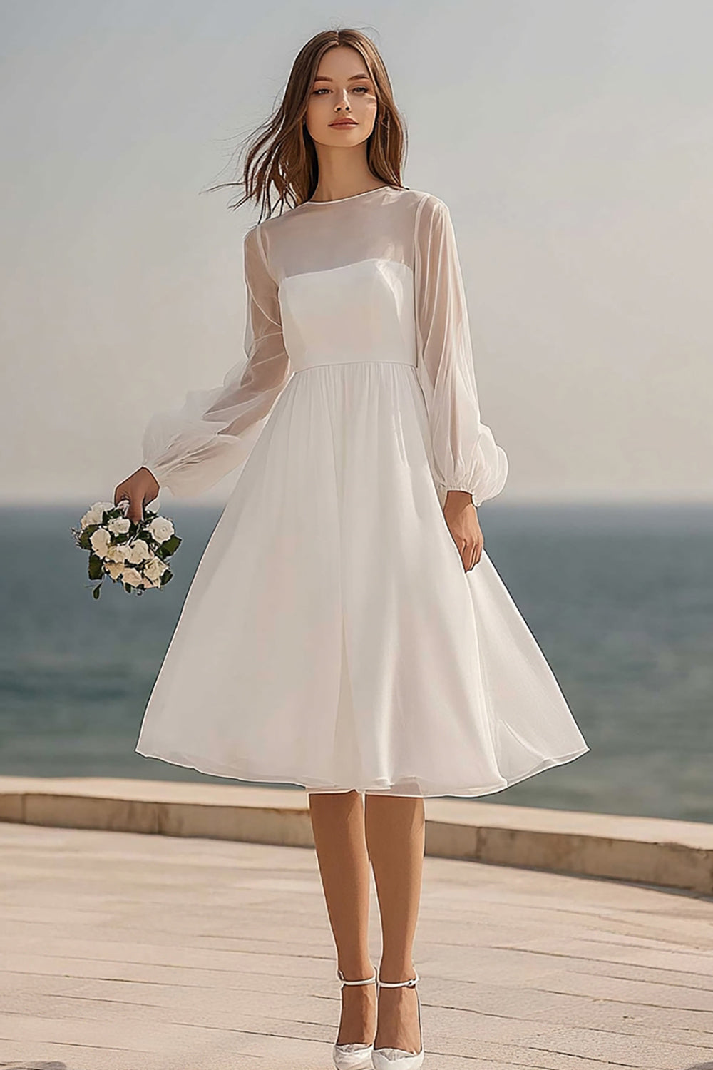 Zapakasa Women Ivory Long Sleeves Midi Bridal Shower Dress Tulle A Line Illusion Neck Bachelorette Dress Zapakasa Women Ivory Long Sleeves Midi Bridal Shower Dress Tulle A Line Illusion Neck Bachelorette Dress