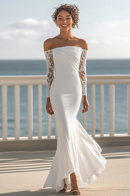 Chiffon Ivory Mermaid Maxi Rehearsal Dinner Dress with Sleeves