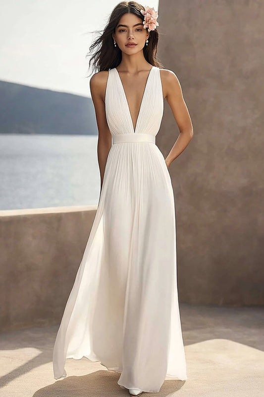 Chiffon Ivory Ruched Deep V-Neck Beach Maxi Engagement Dress