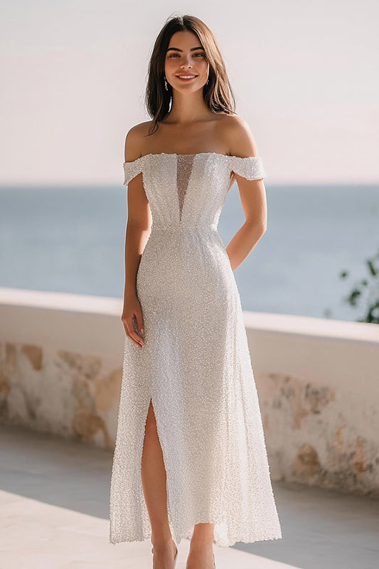 Sparkly Ivory Sequin Off the Shoulder Maxi Rehearsal Dinner Dress with Slit
