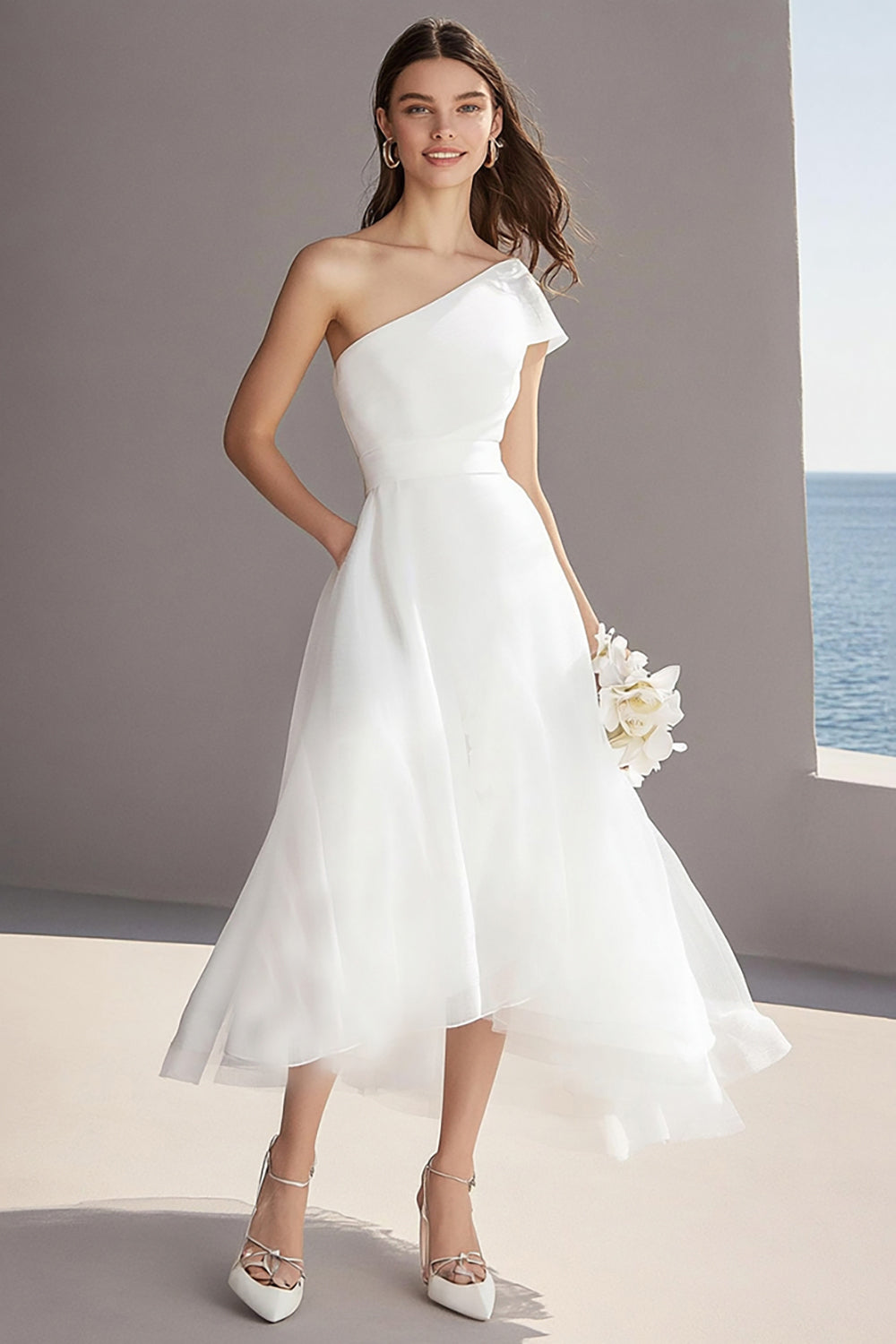 one shoulder reception dress White One-Shoulder Knee-Length Tulle Wedding Reception Dress