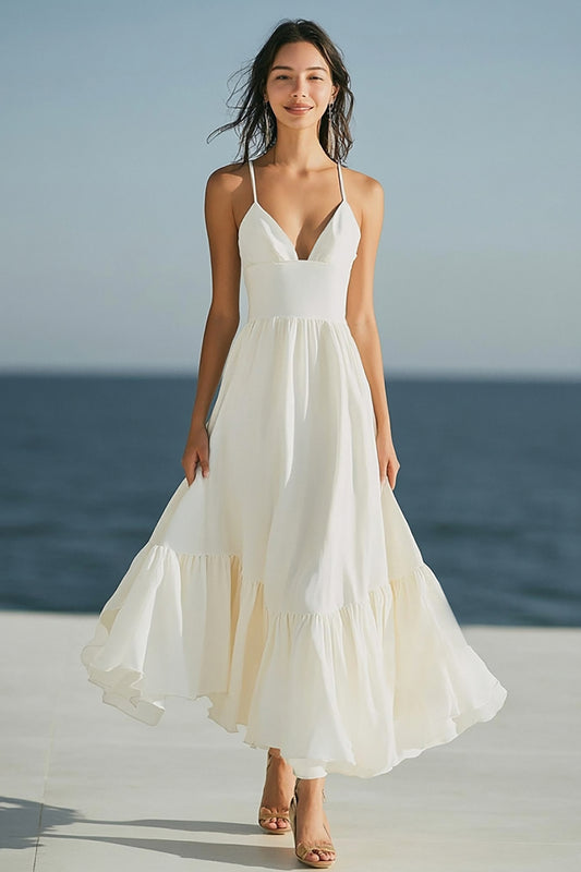 Ivory Beach Engagement Dress Spaghetti Straps Maxi Wedding Reception Dress