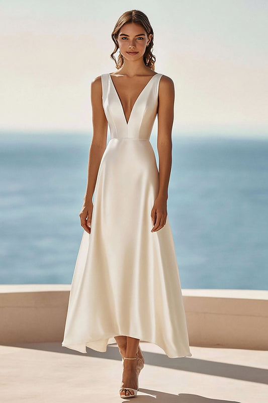 Simple Ivory Satin A Line Maxi Rehearsal Dinner Dress
