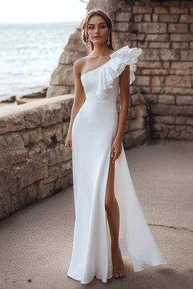 Ivory Ruffled One Shoulder Maxi Satin Rehearsal Dinner Dress with Slit