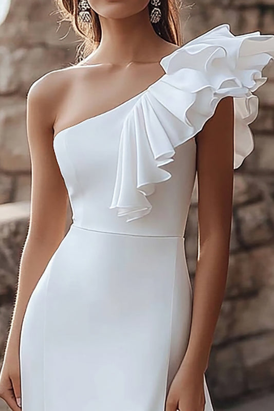 Ivory Ruffled One Shoulder Maxi Satin Rehearsal Dinner Dress with Slit