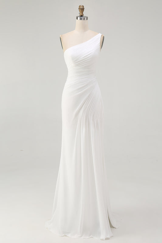 Ivory One Shoulder Chiffon Maxi Ruched Rehearsal Dinner Dress with Slit