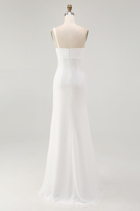 Ivory One Shoulder Chiffon Maxi Ruched Rehearsal Dinner Dress with Slit