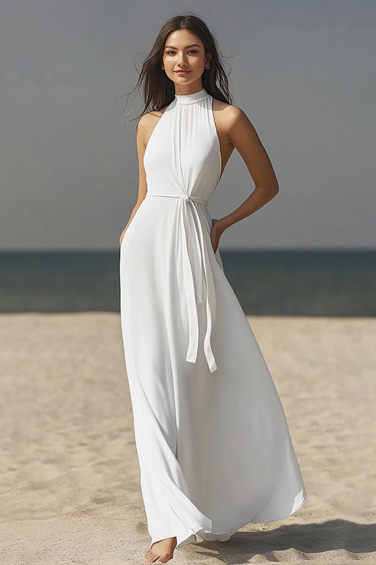 Chiffon Ivory High-Neck Maxi Rehearsal Dinner Dress with Sash